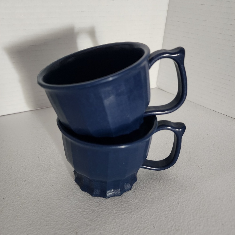 Tropez by Dinex Navy Blue Insulated Coffee Mugs Set of 2 Faceted Made in USA - Picture 1 of 12